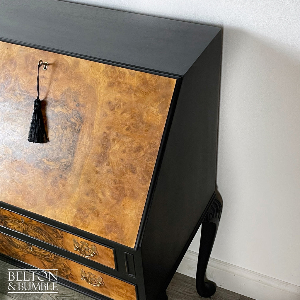 Queen Anne Vintage Burr Walnut Long Legged Bureau Writing Desk in Black-Belton & Bumble