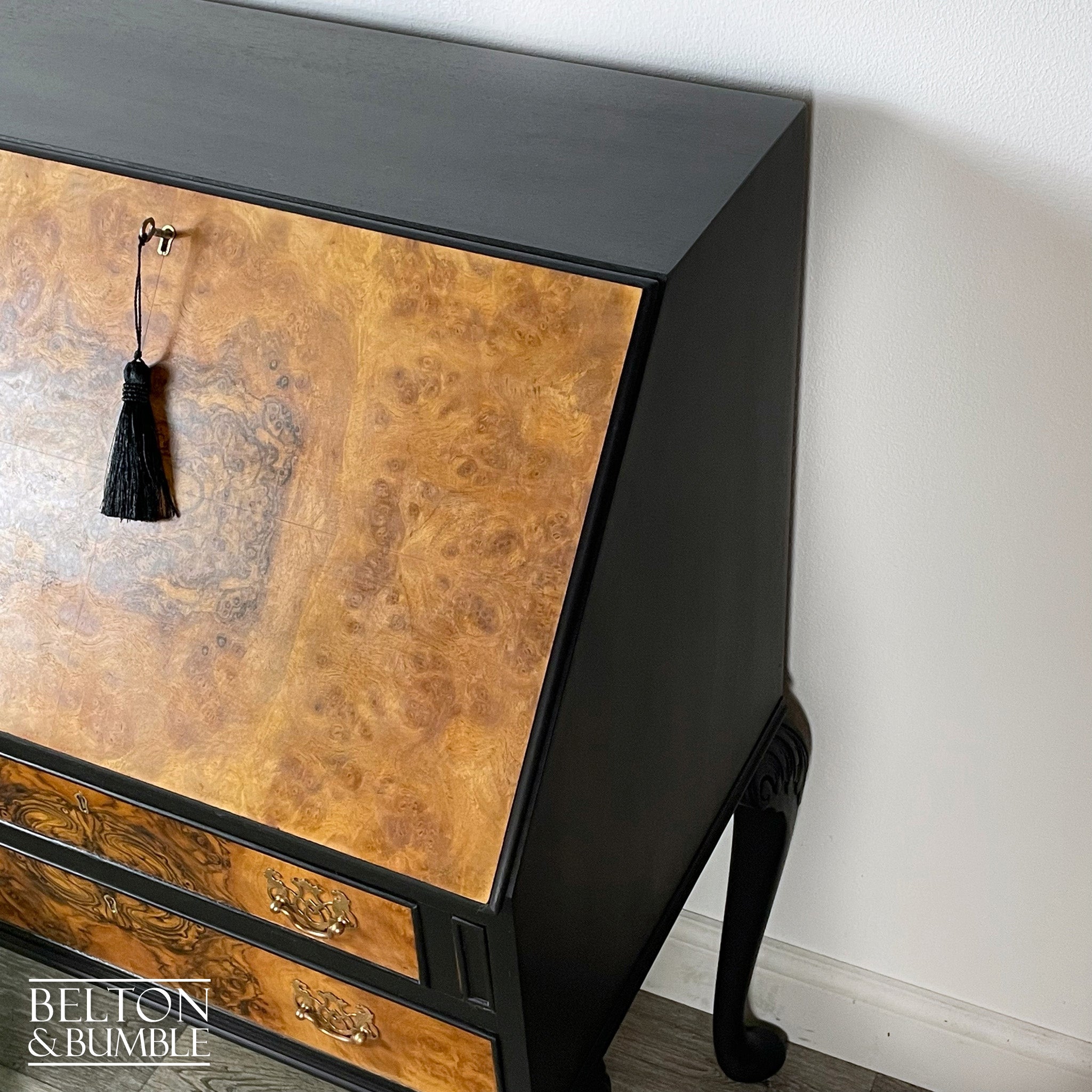 Queen Anne Vintage Burr Walnut Long Legged Bureau Writing Desk in Black-Belton & Bumble