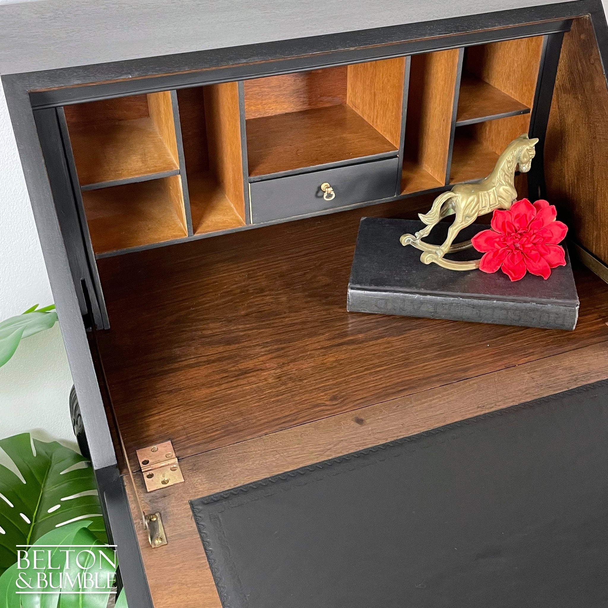 Queen Anne Vintage Burr Walnut Long Legged Bureau Writing Desk in Black-Belton & Bumble