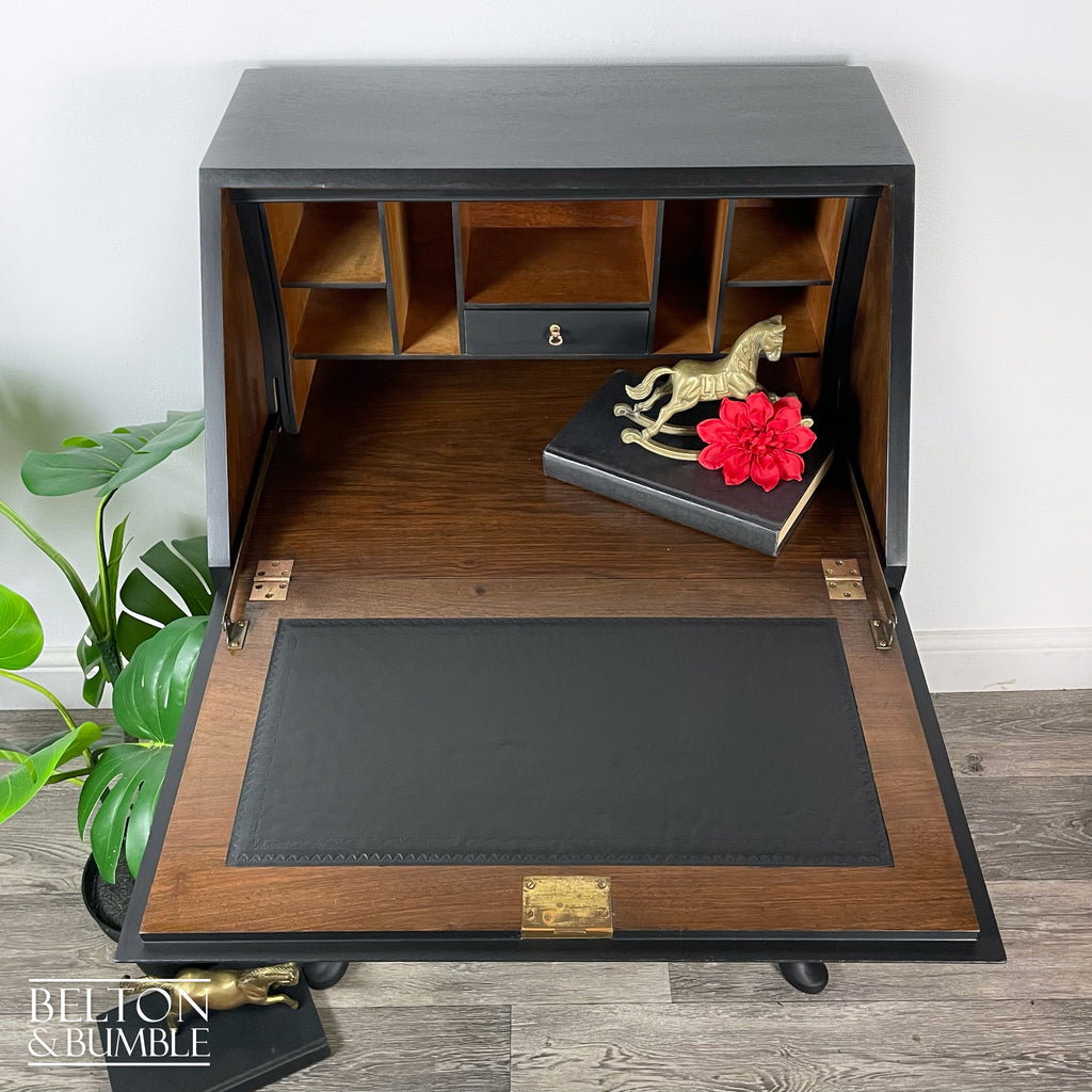 Queen Anne Vintage Burr Walnut Long Legged Bureau Writing Desk in Black-Belton & Bumble