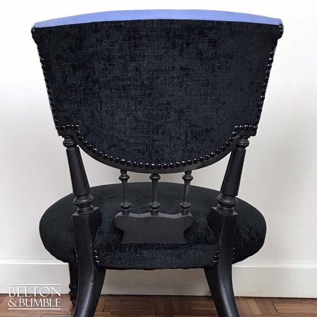 Black Antique Occasional Chair with Purple and Black Upholstery – Black Antique Nursing Chair Hand Painted Bedroom Chair Or Occasional Chair with Purple and Black Upholstery – back view showing overall layout