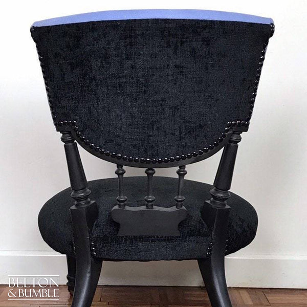Black Antique Occasional Chair with Purple and Black Upholstery – Black Antique Nursing Chair Hand Painted Bedroom Chair Or Occasional Chair with Purple and Black Upholstery – back view showing overall layout