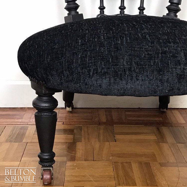 Black Antique Occasional Chair with Purple and Black Upholstery – Close-up of chair