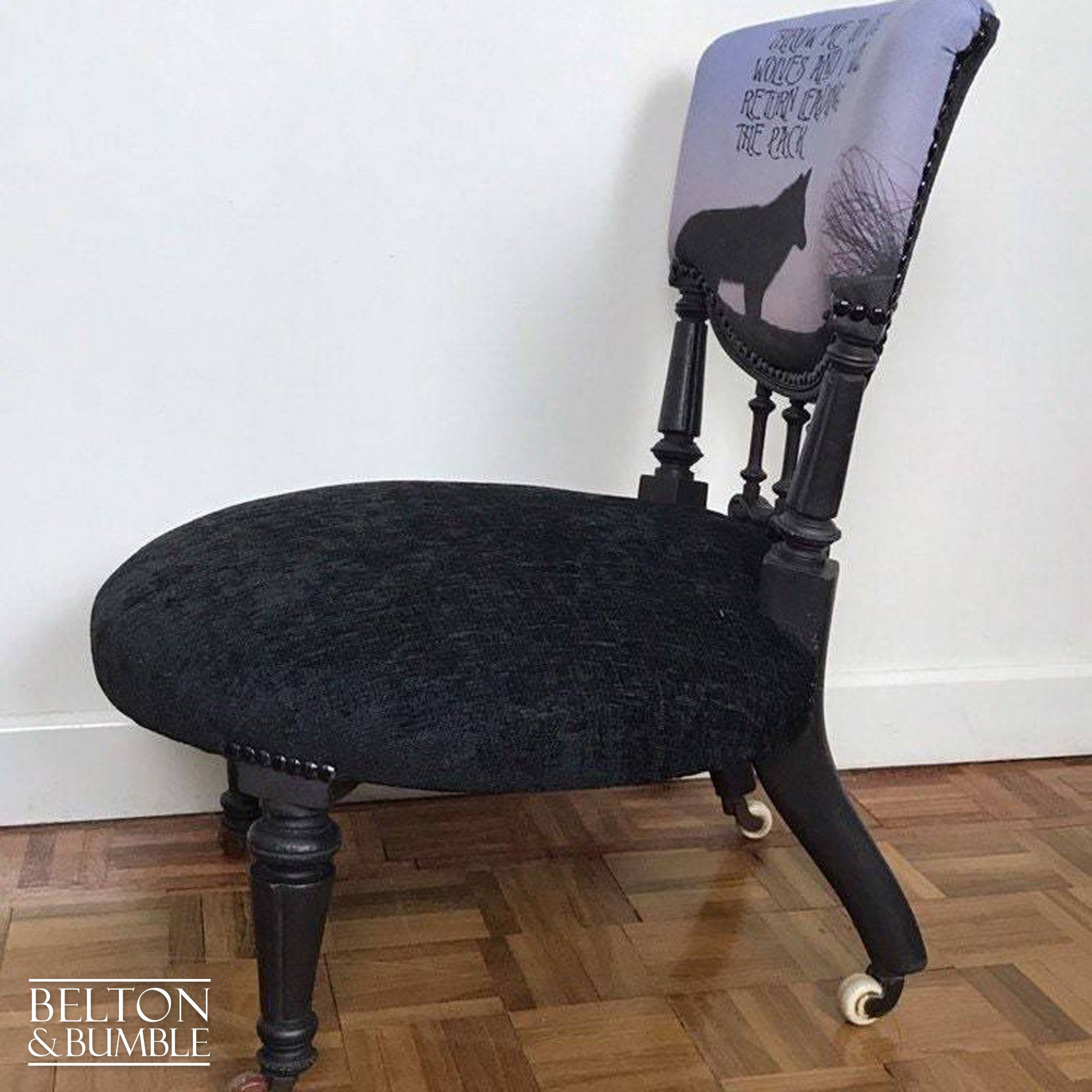 Black Antique Occasional Chair with Purple and Black Upholstery – Side profile highlighting depth, leg shape and silhouette
