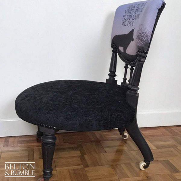 Black Antique Occasional Chair with Purple and Black Upholstery – Side profile highlighting depth, leg shape and silhouette