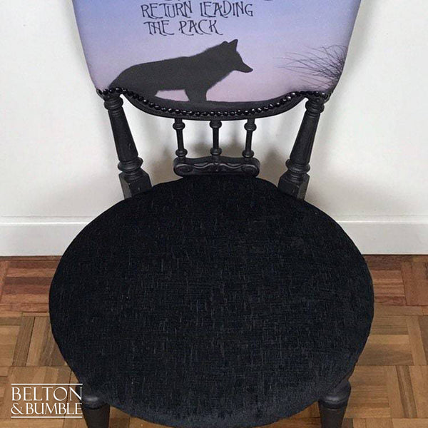 Black Antique Occasional Chair with Purple and Black Upholstery – Top surface detail showing black chenille seat pad