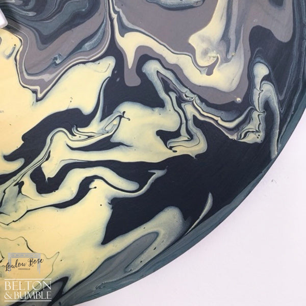 Black, Grey & Yellow Vinyl Record Clock — close-up of marbling and colour transitions