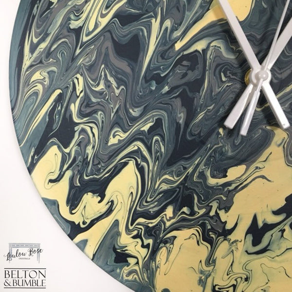 Black, Grey & Yellow Vinyl Record Clock — edge profile showing close up paint