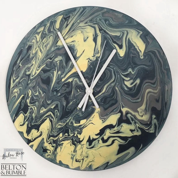 Black, Grey & Yellow Vinyl Record Clock — front view of 12-inch abstract vinyl clock