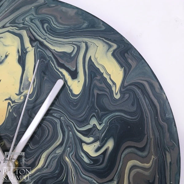 Black, Grey & Yellow Vinyl Record Clock — close up shot highlighting layered pour patterns