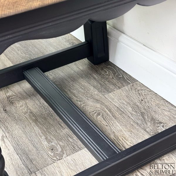 Black Oak Square Coffee Table – Restored vintage piece with oak and black accents and polished top, turned legs