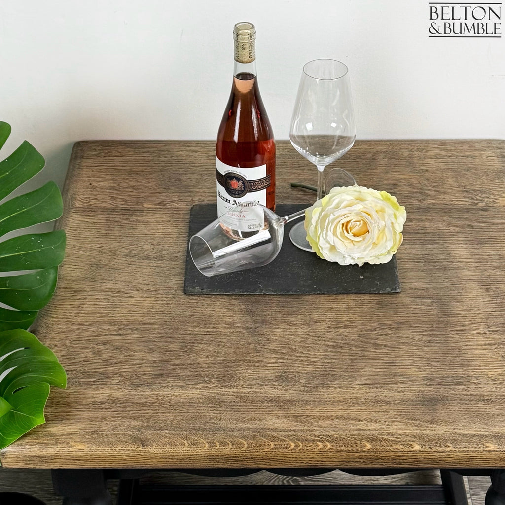 Black Oak Square Coffee Table – Top surface detail showing stained finish and edge profile