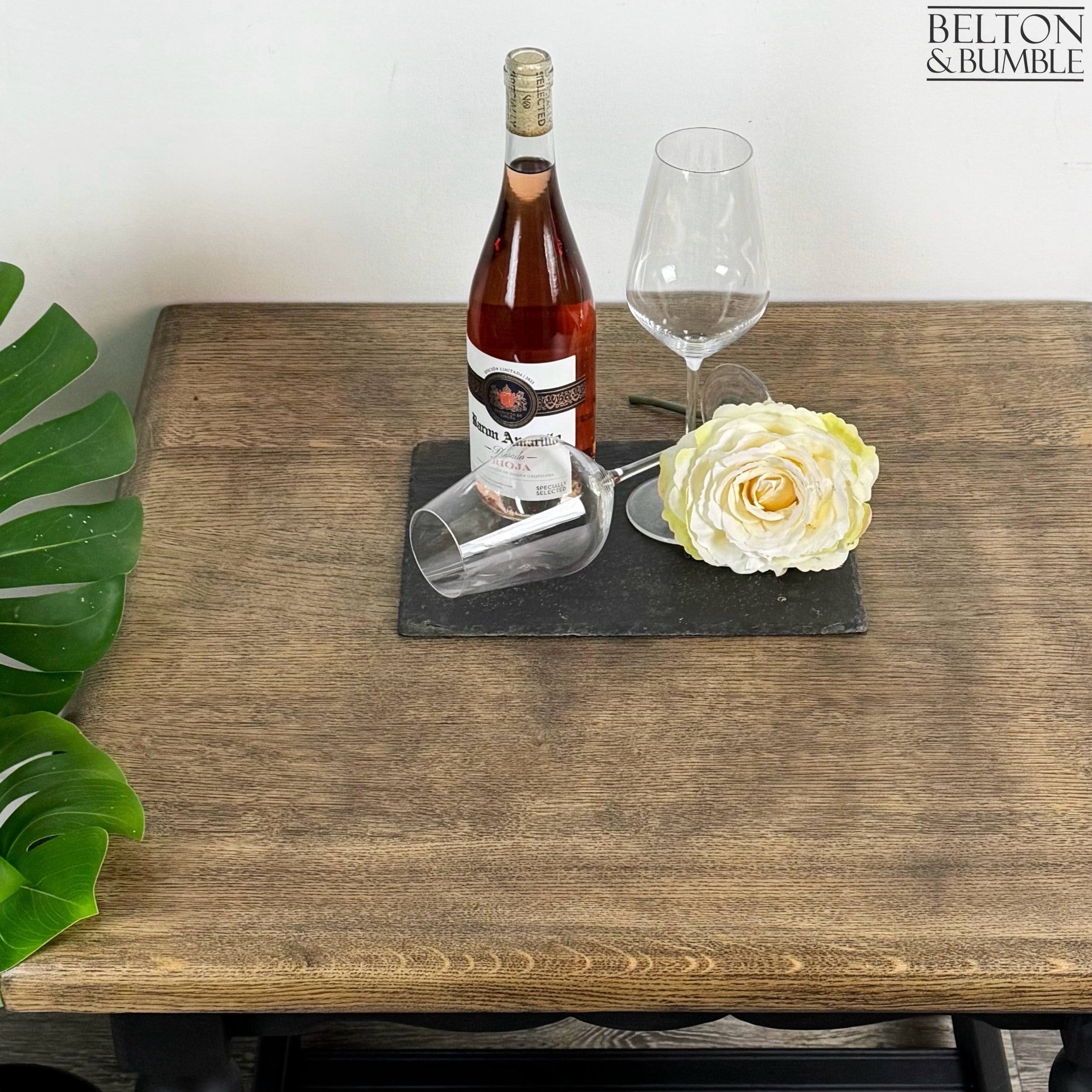 Black Oak Square Coffee Table – Top surface detail showing stained finish and edge profile