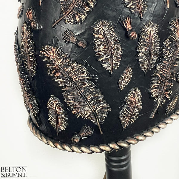 Black and Copper Feather Mannequin Lamp with Black Wooden Stand – Close up detail on base of torso