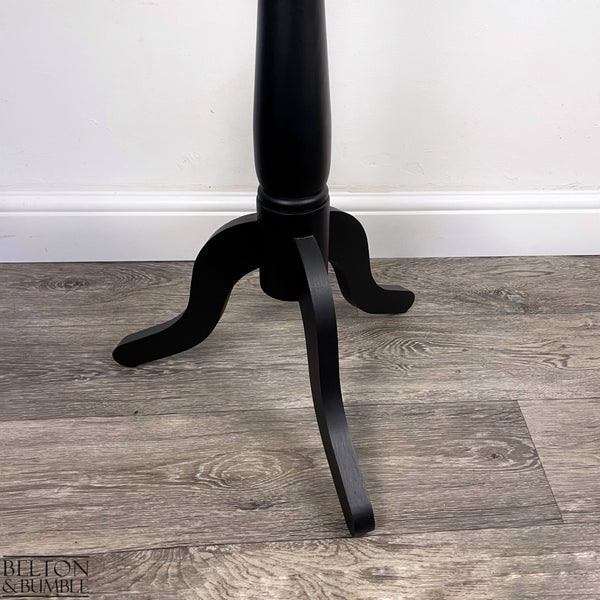 Black and Copper Feather Mannequin Lamp with Black Wooden Stand – Close up of black painted wooden base
