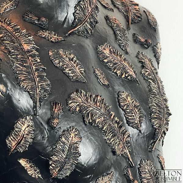 Black and Copper Feather Mannequin Lamp with Black Wooden Stand – Close Up of feathers and paintwork