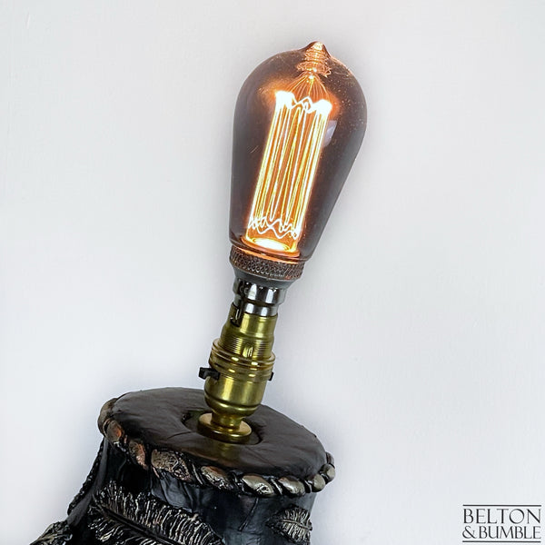Black and Copper Feather Mannequin Floor Lamp with Black Wooden Stand  - Top View and Bulb
