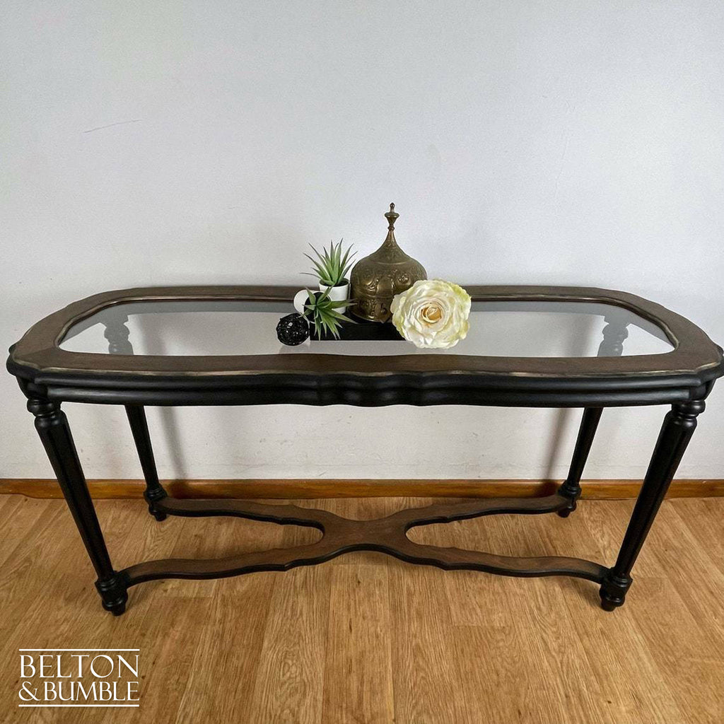 Glass Topped Mahogany Hallway Console Table in Black and Gold-Belton & Bumble