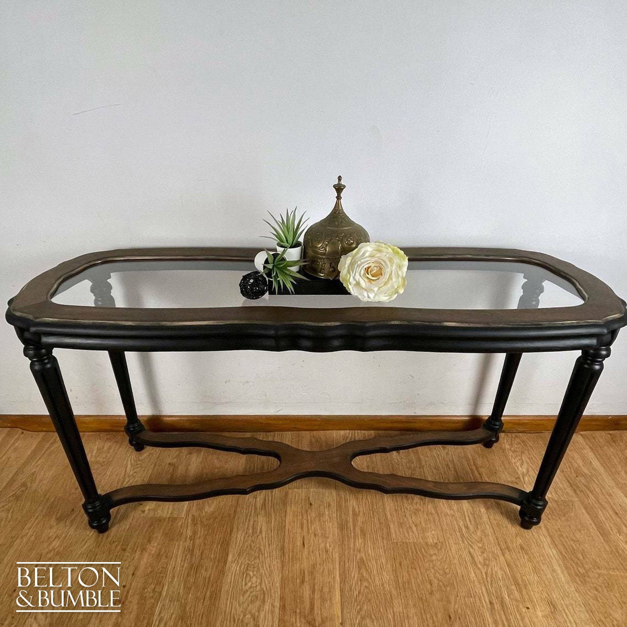Glass Topped Mahogany Hallway Console Table in Black and Gold-Belton & Bumble