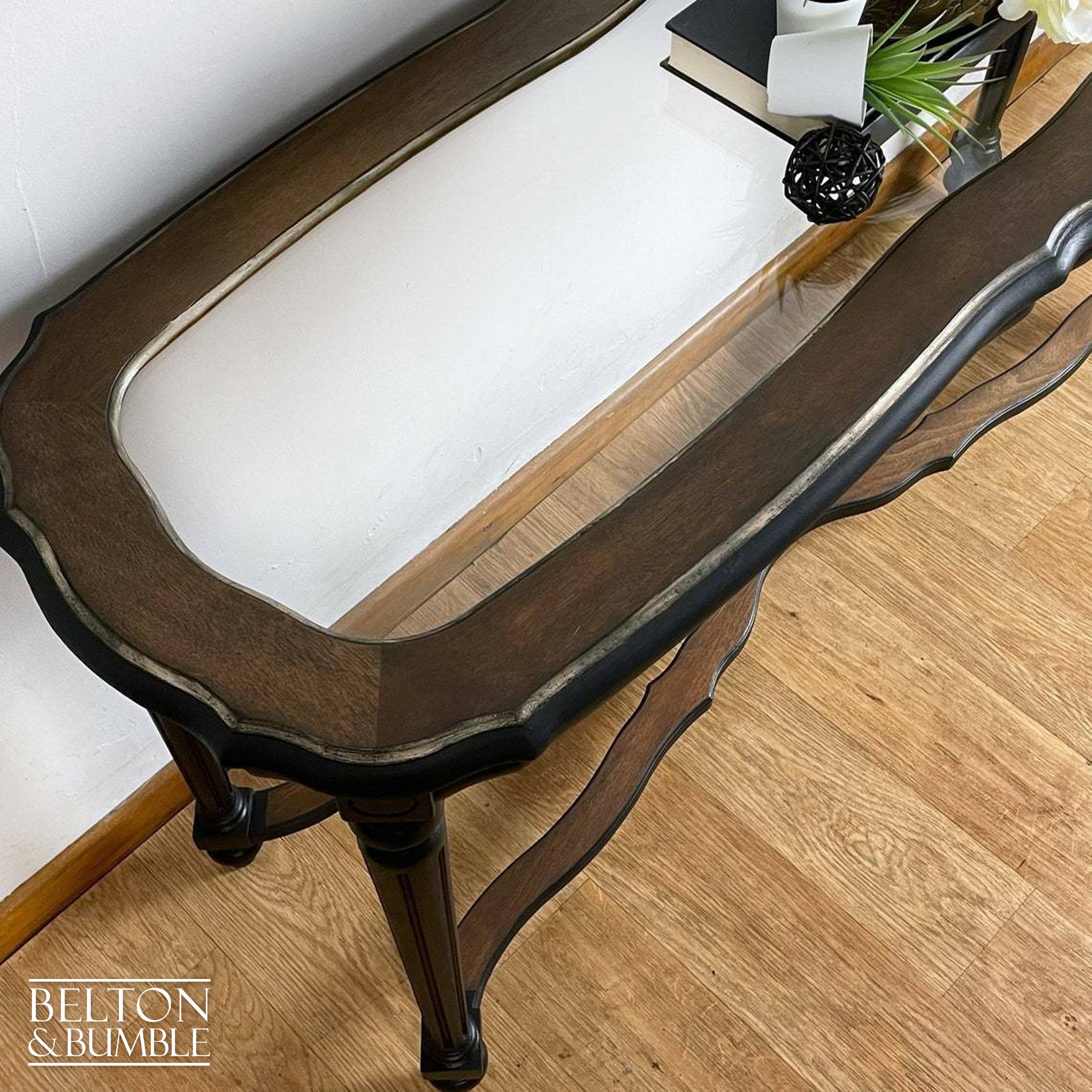 Glass Topped Mahogany Hallway Console Table in Black and Gold-Belton & Bumble