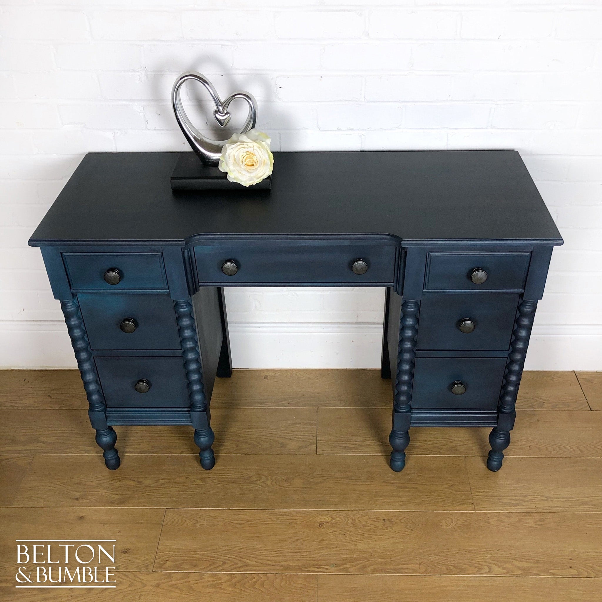 Blue Double Pedestal Carved Dressing Table-Belton & Bumble