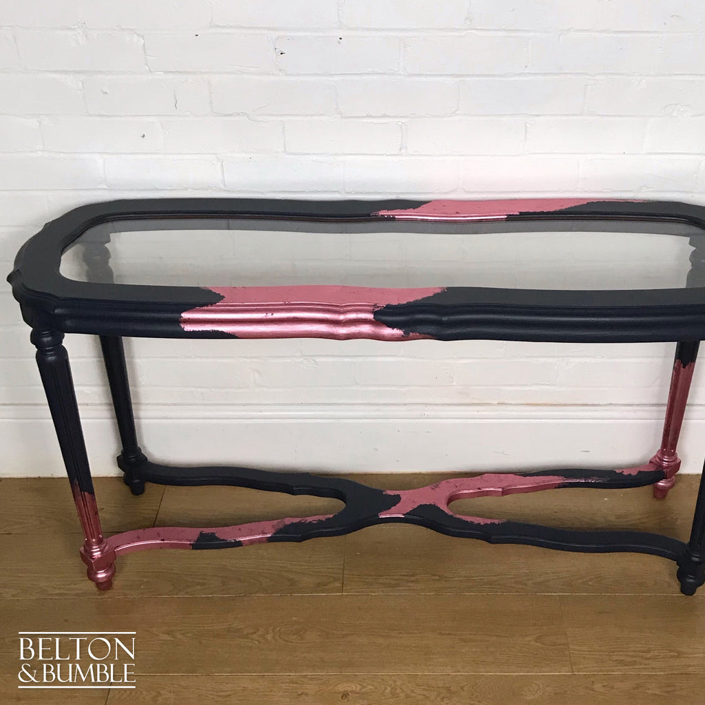 Navy Blue and Pink Glass Topped Hallway Console Table-Belton & Bumble