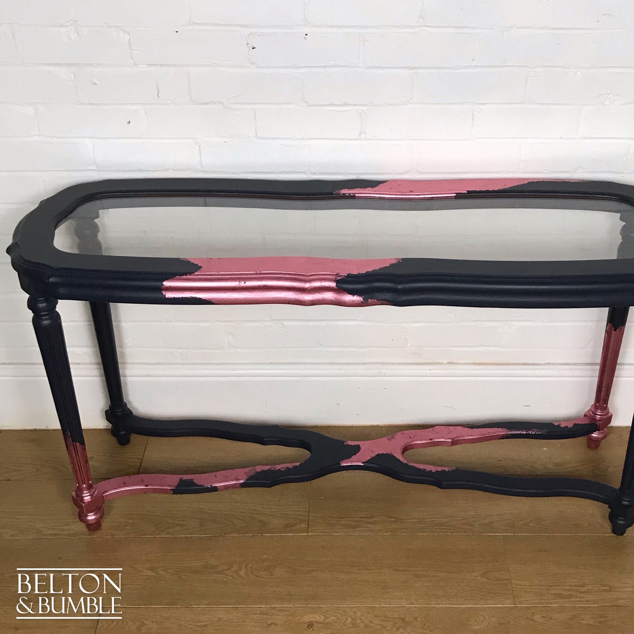 Navy Blue and Pink Glass Topped Hallway Console Table-Belton & Bumble