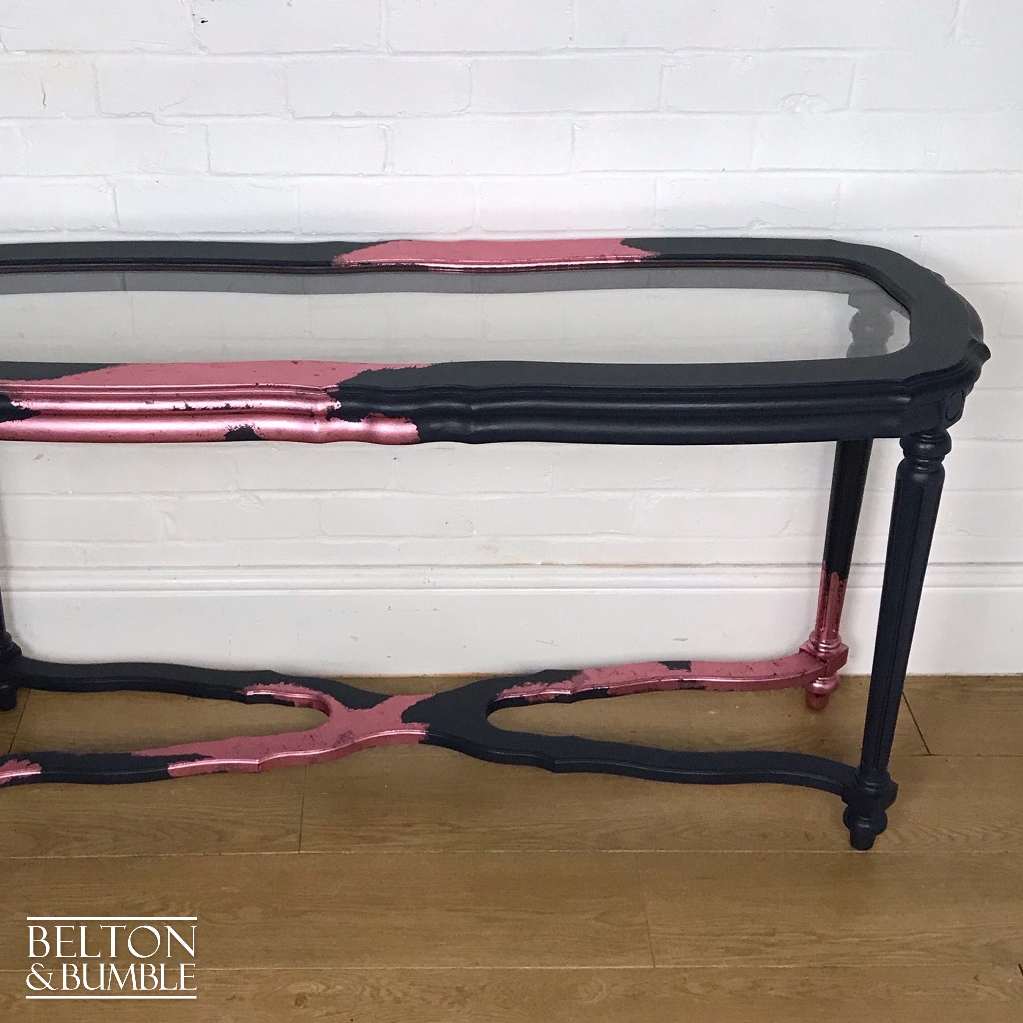 Navy Blue and Pink Glass Topped Hallway Console Table-Belton & Bumble