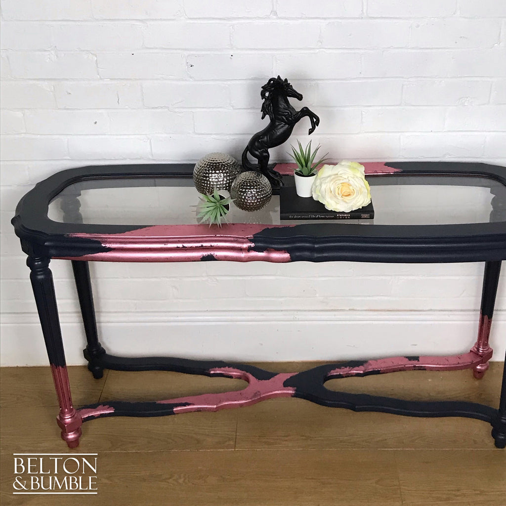 Navy Blue and Pink Glass Topped Hallway Console Table-Belton & Bumble