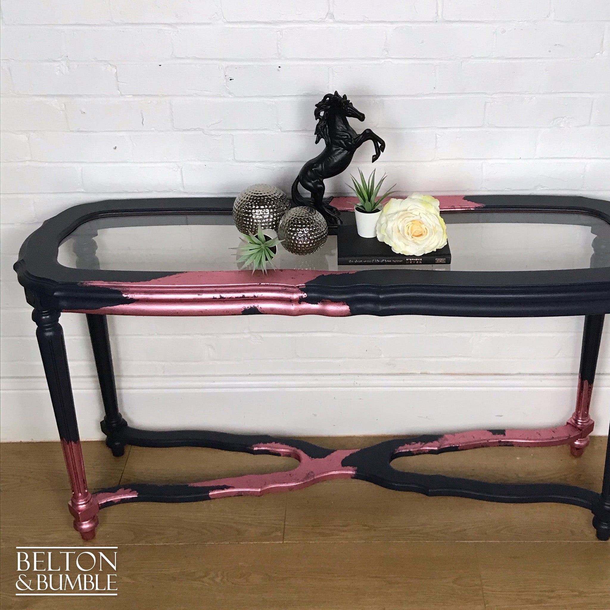 Navy Blue and Pink Glass Topped Hallway Console Table-Belton & Bumble