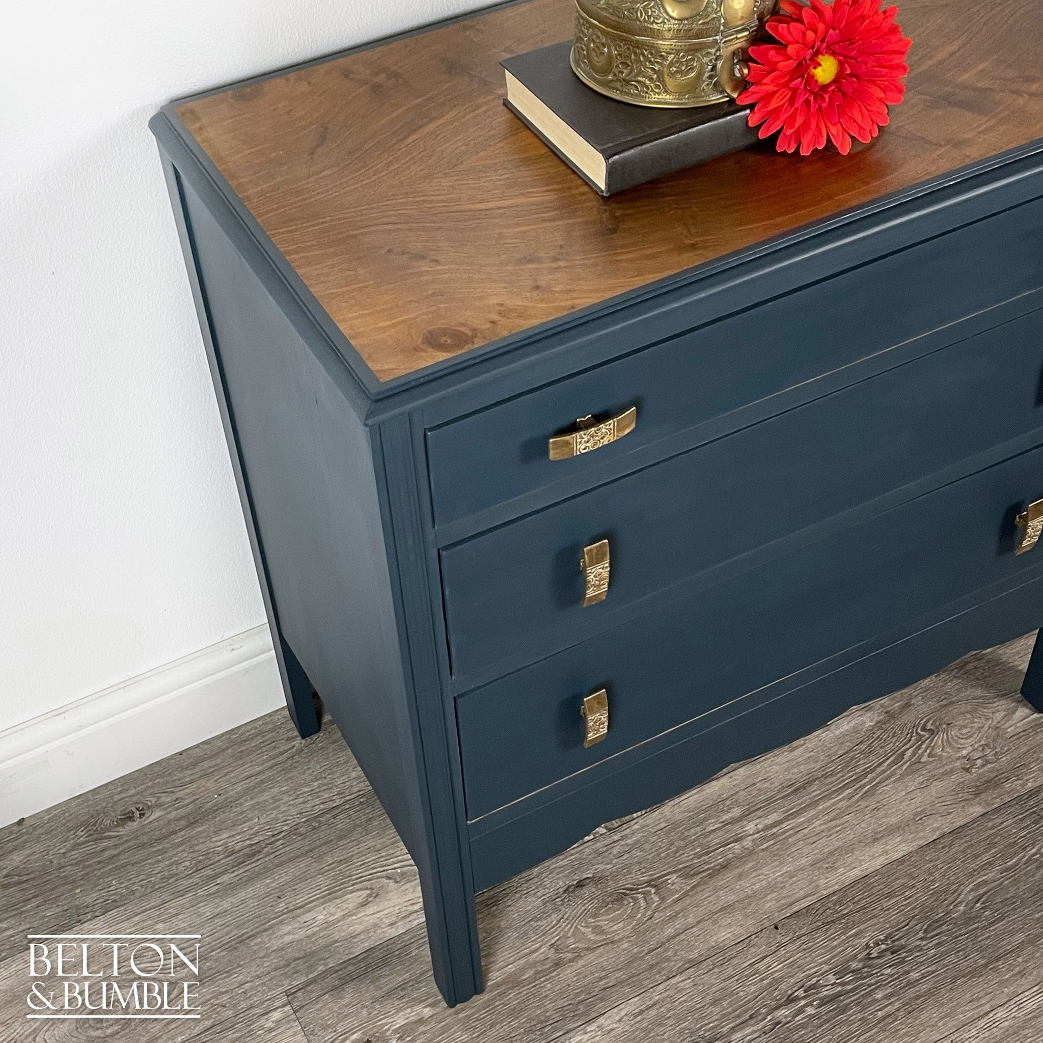 Three Drawer Chest of Drawers in Blue and Walnut-Belton & Bumble