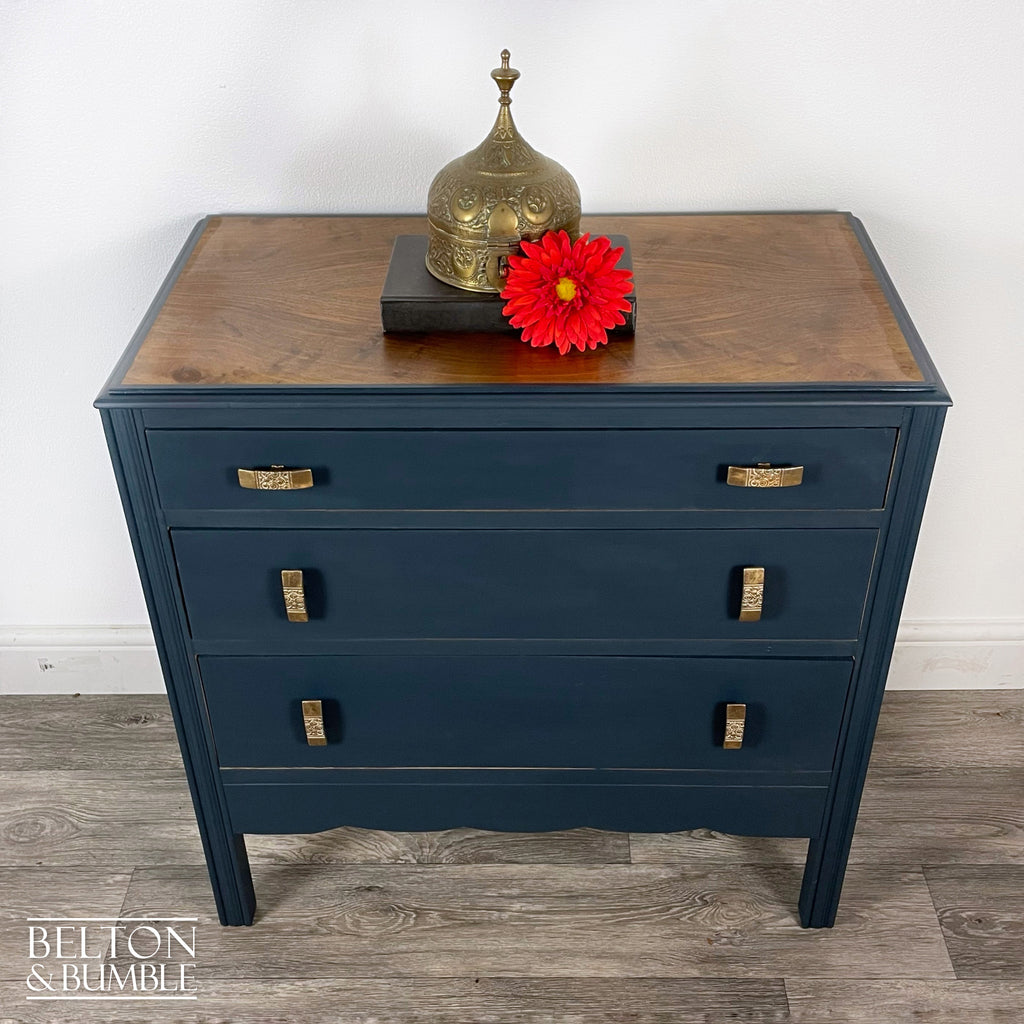 Three Drawer Chest of Drawers in Blue and Walnut-Belton & Bumble