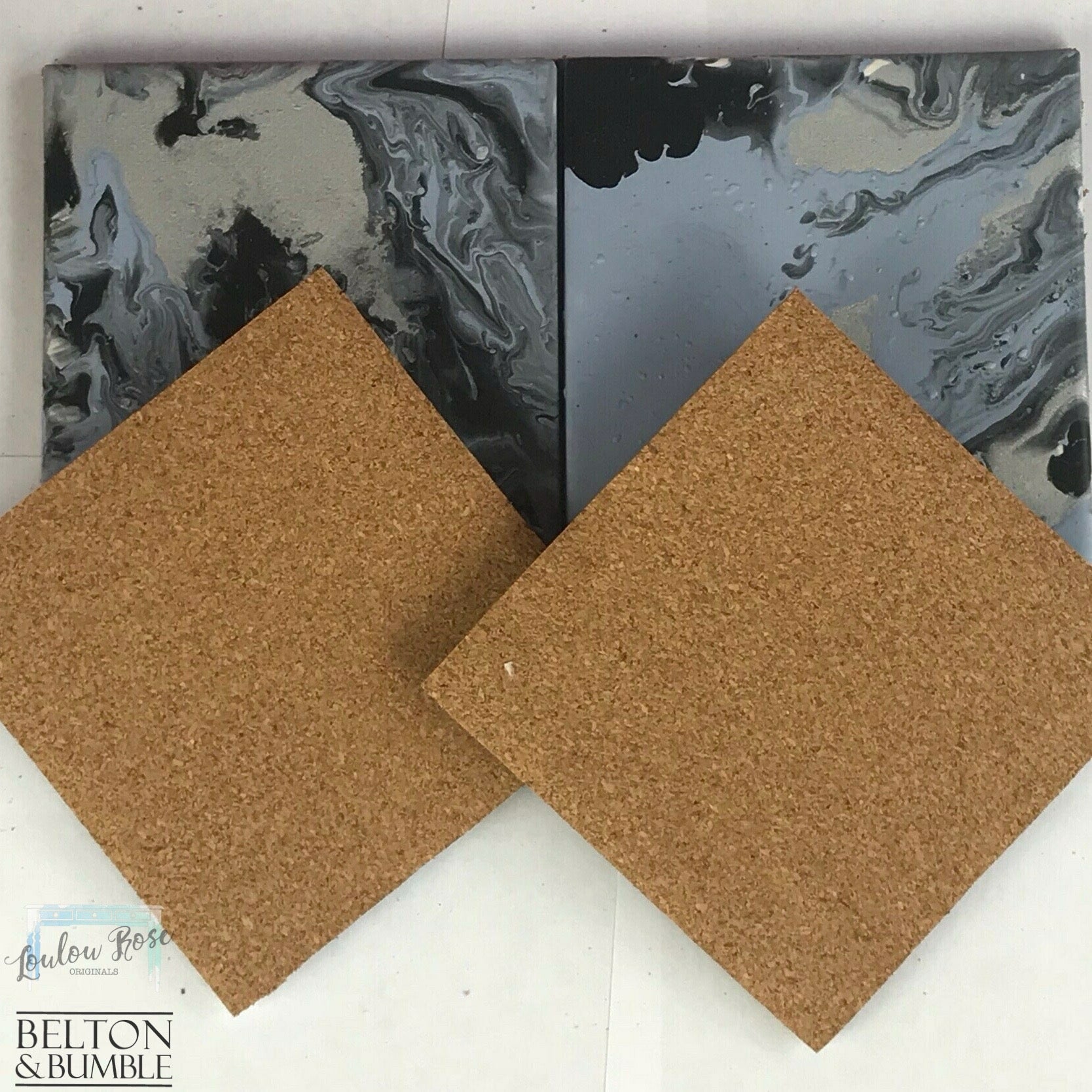 Blue, Silver & Black Acrylic Pour Coasters — underside showing natural cork backing