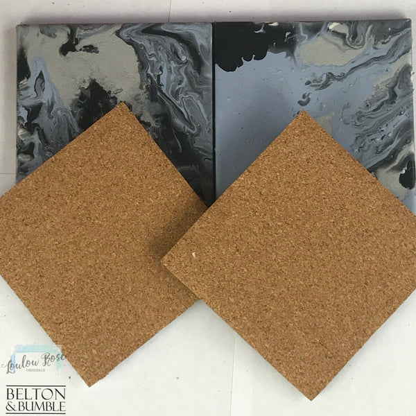 Blue, Silver & Black Acrylic Pour Coasters — underside showing natural cork backing