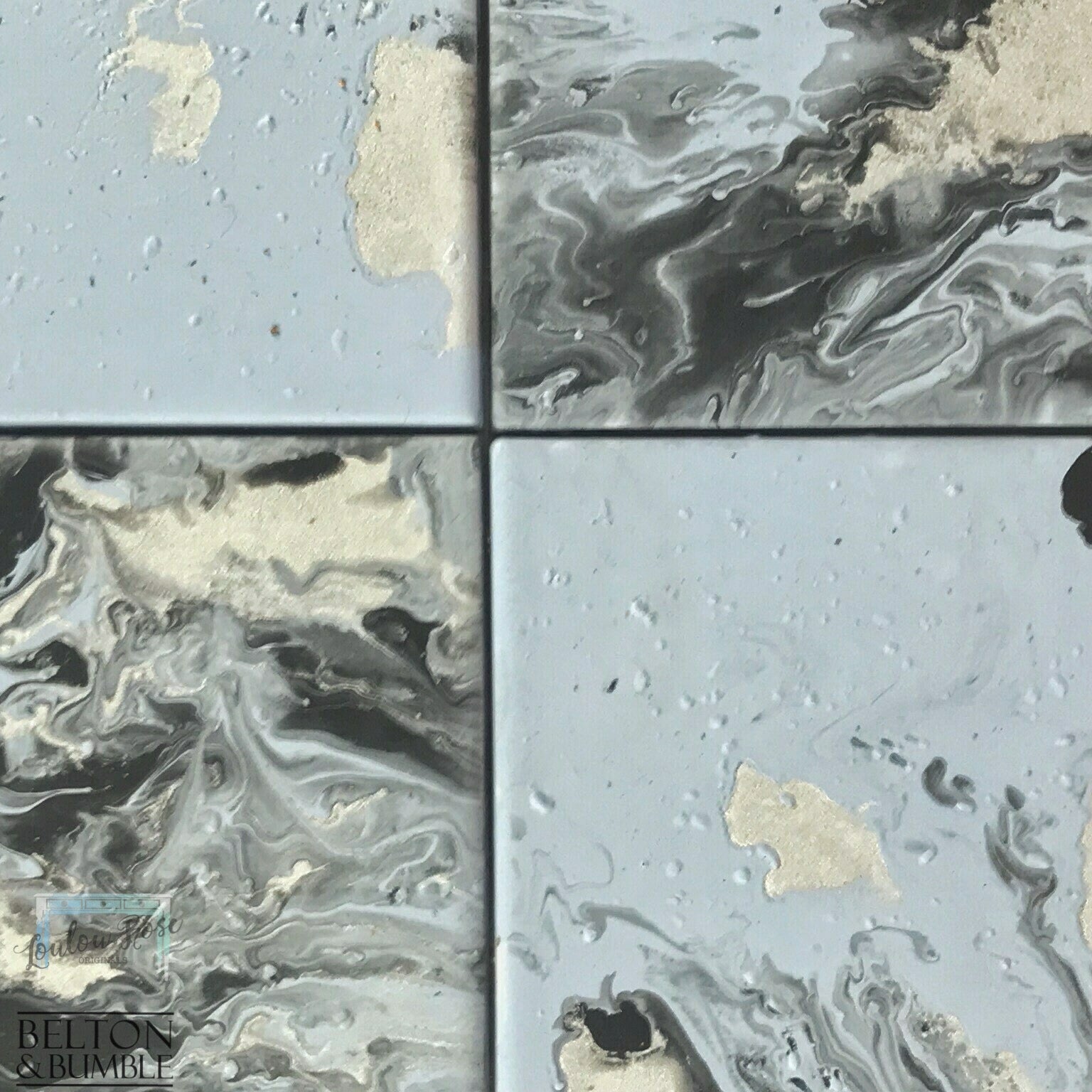 Blue, Silver & Black Acrylic Pour Coasters — close-up of acrylic pour swirls and cells