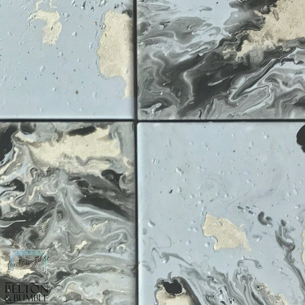 Blue, Silver & Black Acrylic Pour Coasters — close-up of acrylic pour swirls and cells