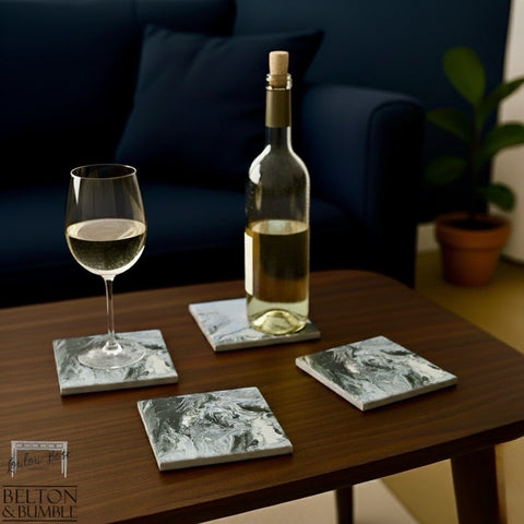 Blue, Silver & Black Acrylic Pour Coasters — styled product shot