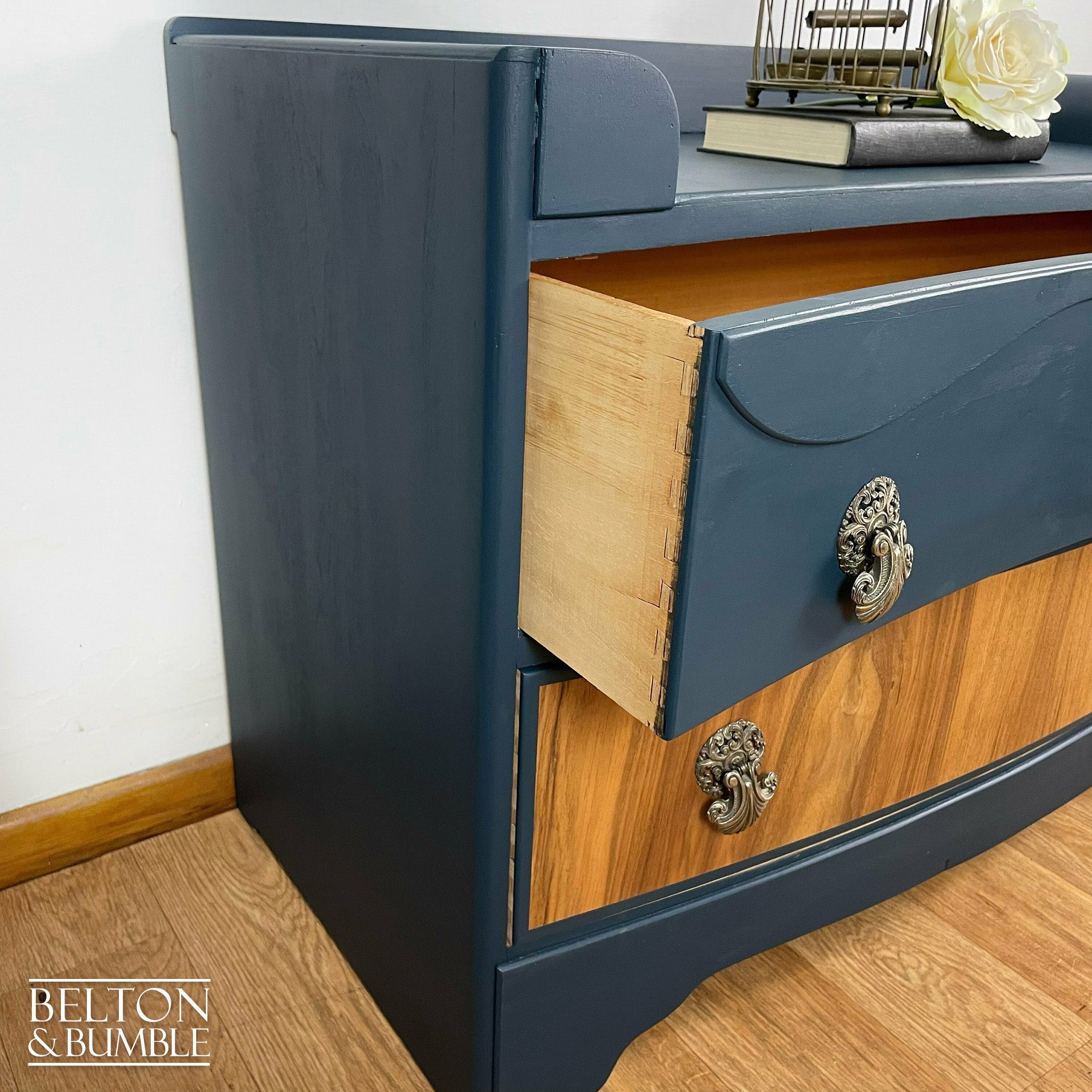 Bow Fronted Two Drawer Burr Walnut Chest of Drawers in Blue-Belton & Bumble