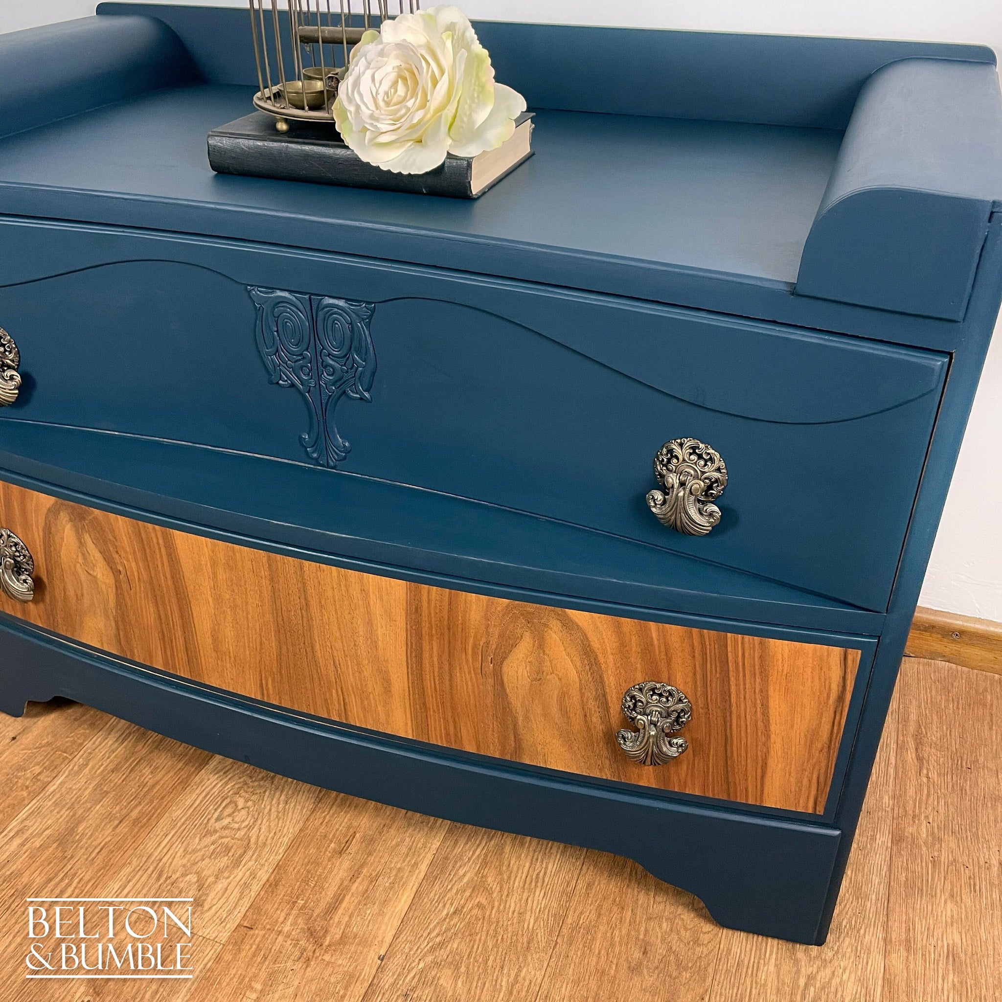 Bow Fronted Two Drawer Burr Walnut Chest of Drawers in Blue-Belton & Bumble