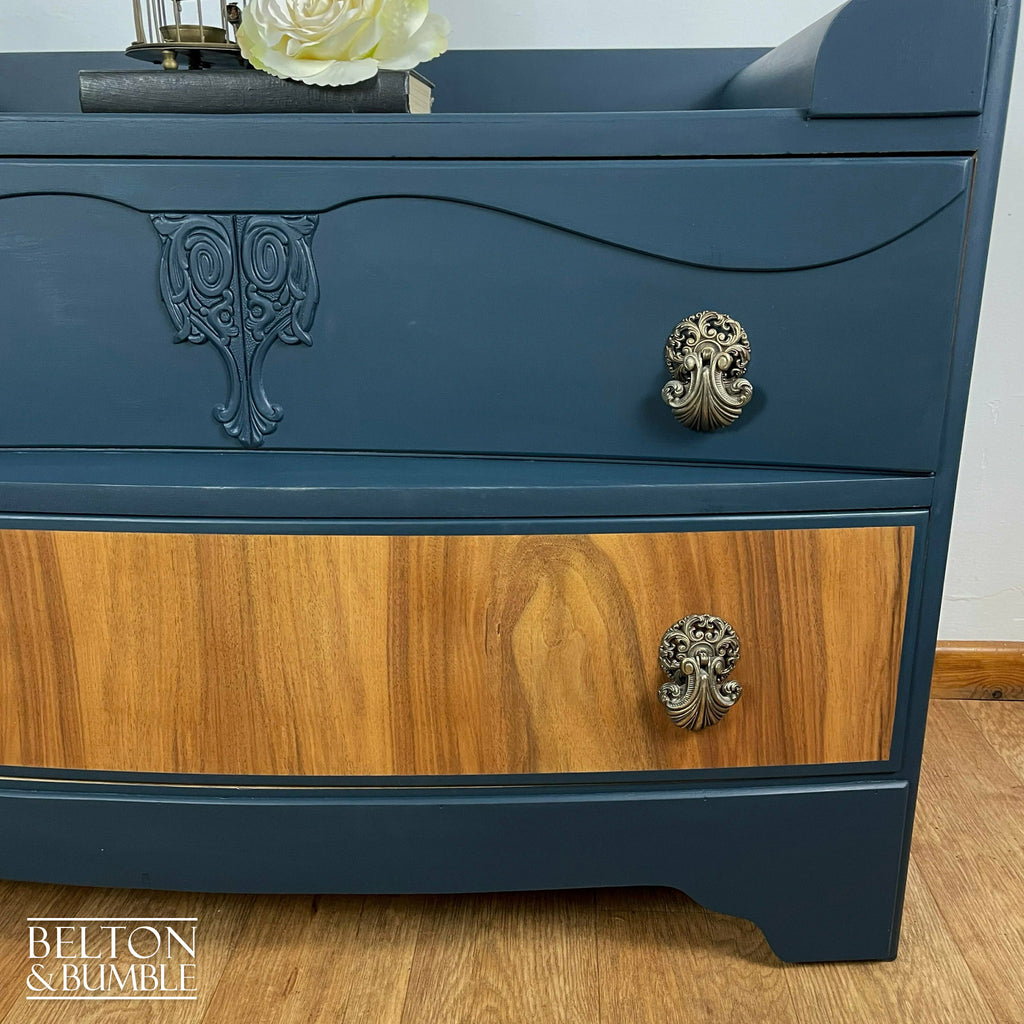 Bow Fronted Two Drawer Burr Walnut Chest of Drawers in Blue-Belton & Bumble