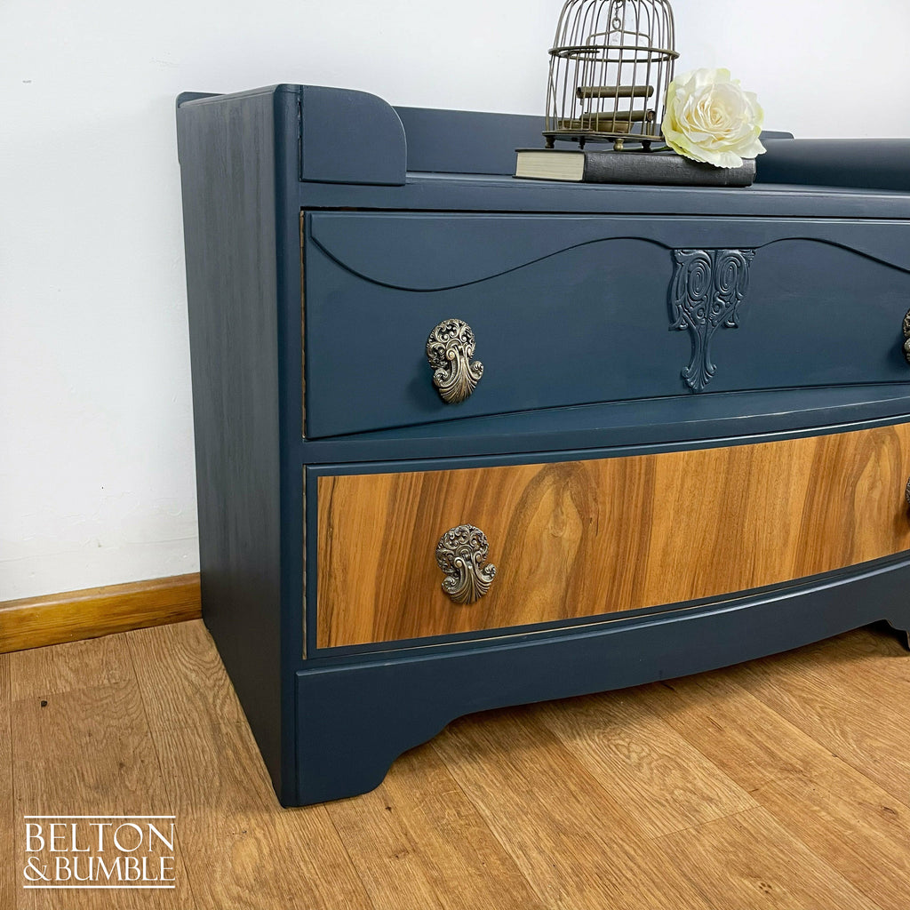 Bow Fronted Two Drawer Burr Walnut Chest of Drawers in Blue-Belton & Bumble