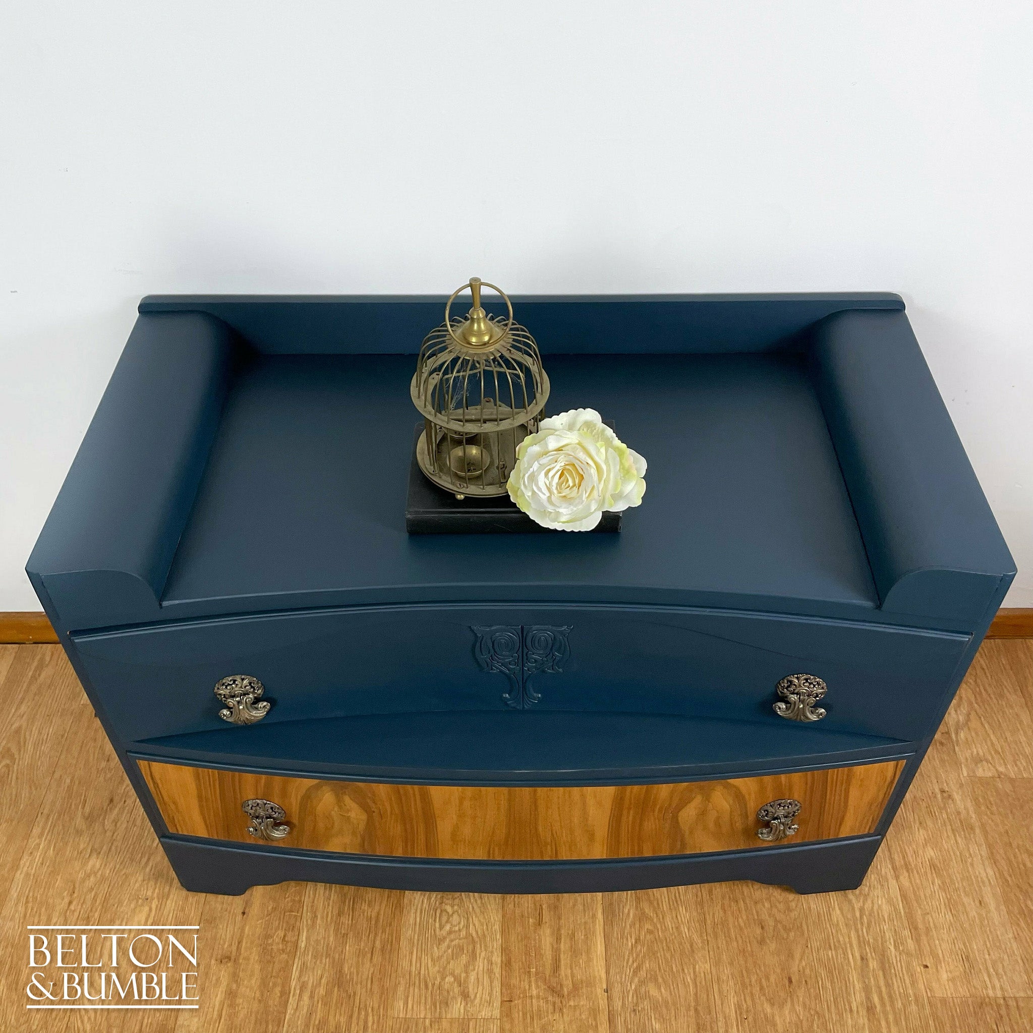 Bow Fronted Two Drawer Burr Walnut Chest of Drawers in Blue-Belton & Bumble