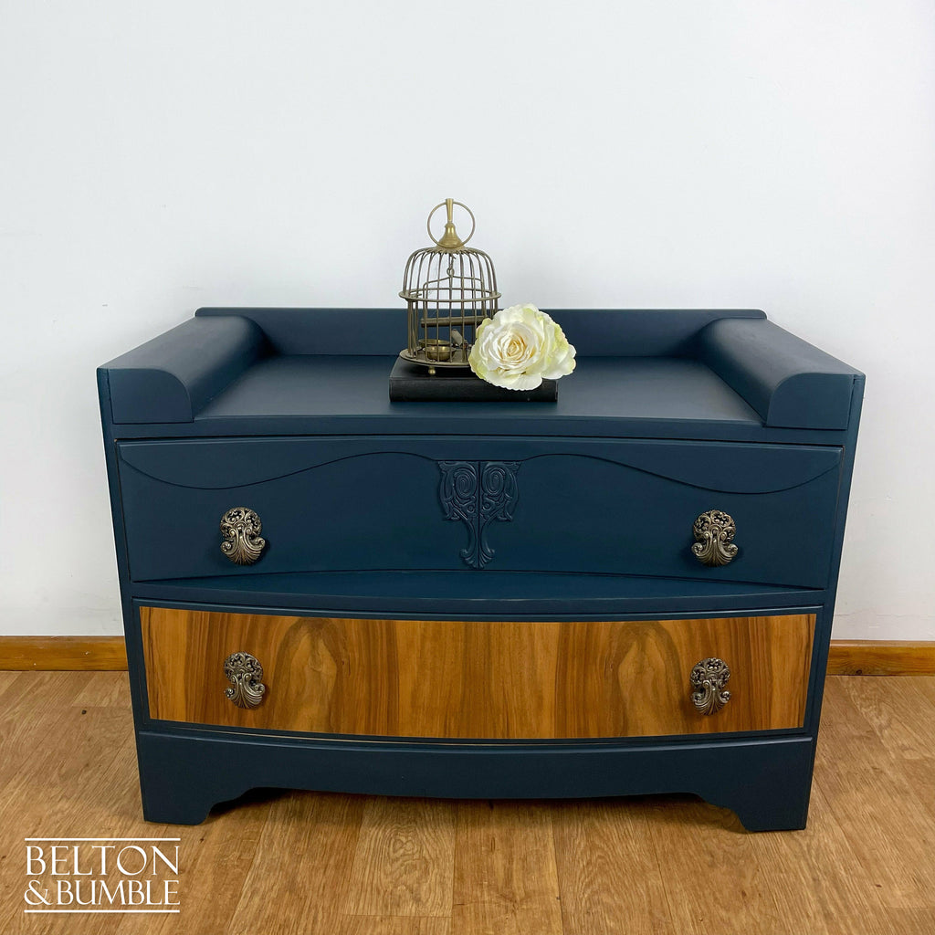 Bow Fronted Two Drawer Burr Walnut Chest of Drawers in Blue-Belton & Bumble