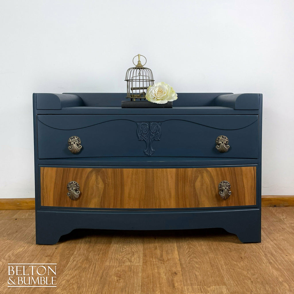 Bow Fronted Two Drawer Burr Walnut Chest of Drawers in Blue-Belton & Bumble