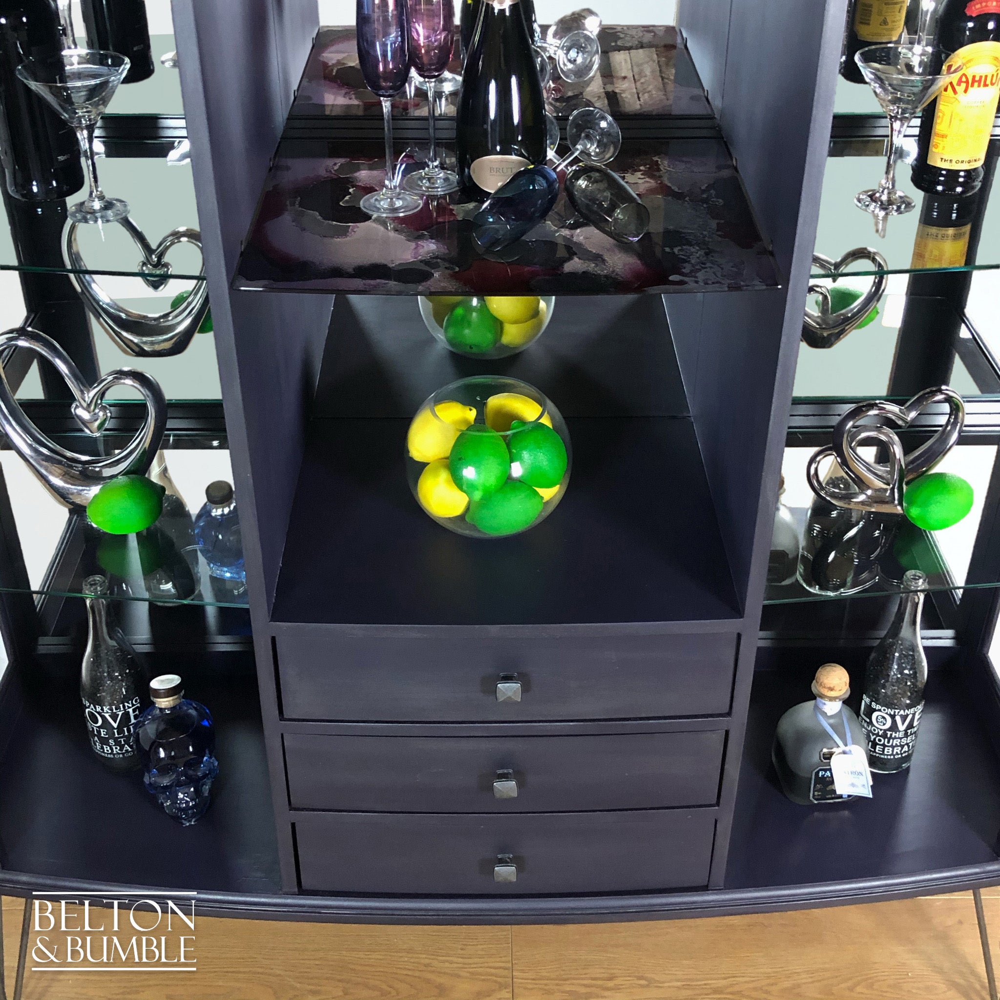 Bow Fronted Glass and Mirrored Drinks Cabinet in Dark Purple-Belton & Bumble