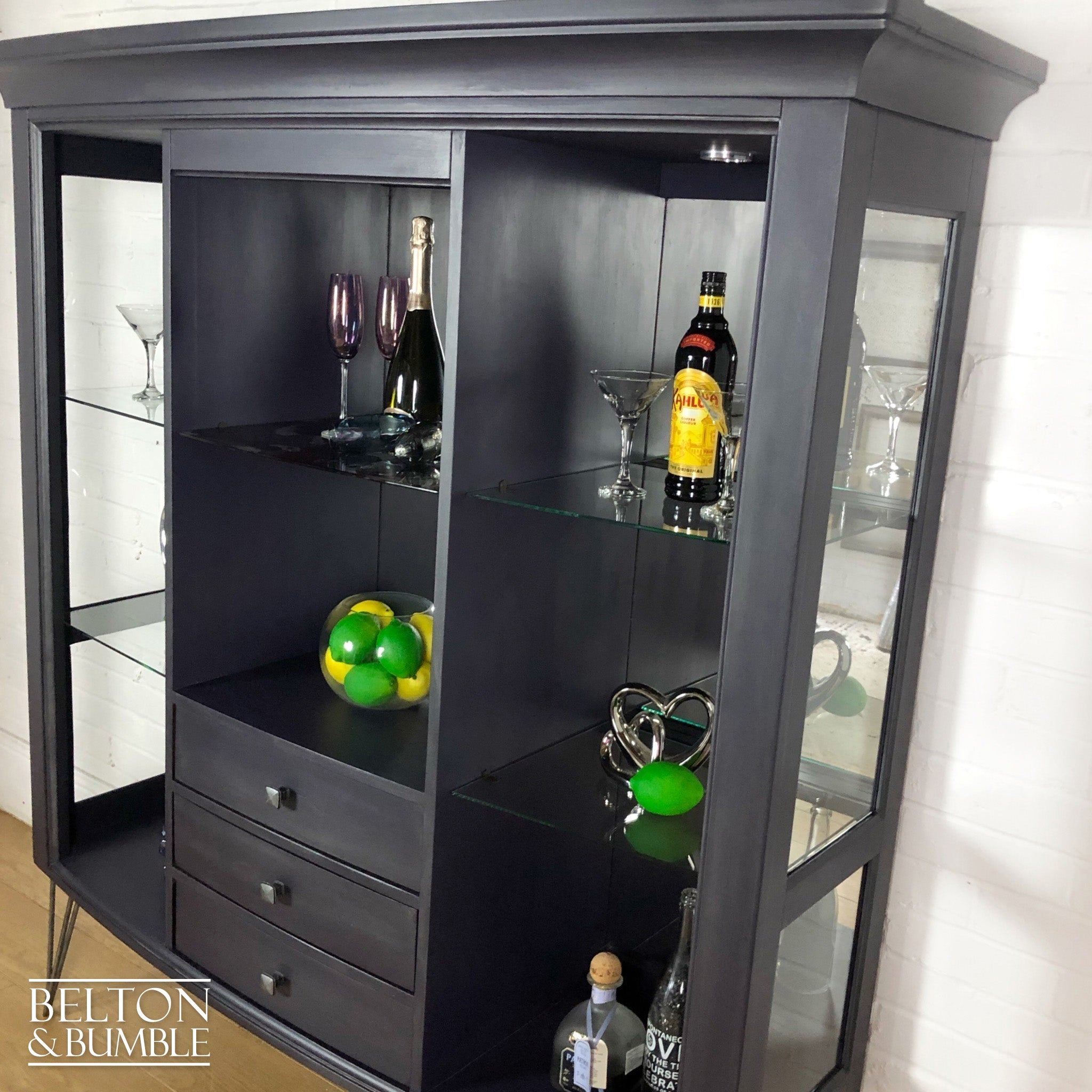 Bow Fronted Glass and Mirrored Drinks Cabinet in Dark Purple-Belton & Bumble