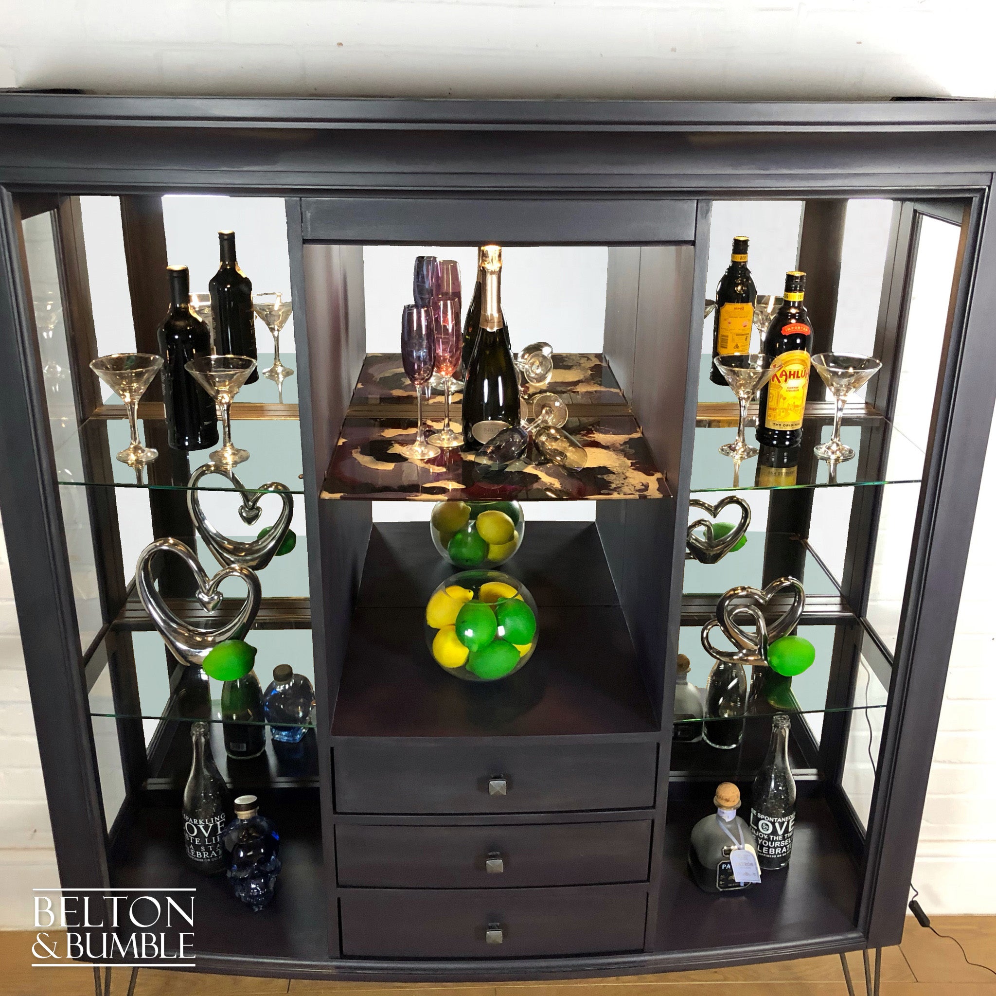 Bow Fronted Glass and Mirrored Drinks Cabinet in Dark Purple-Belton & Bumble