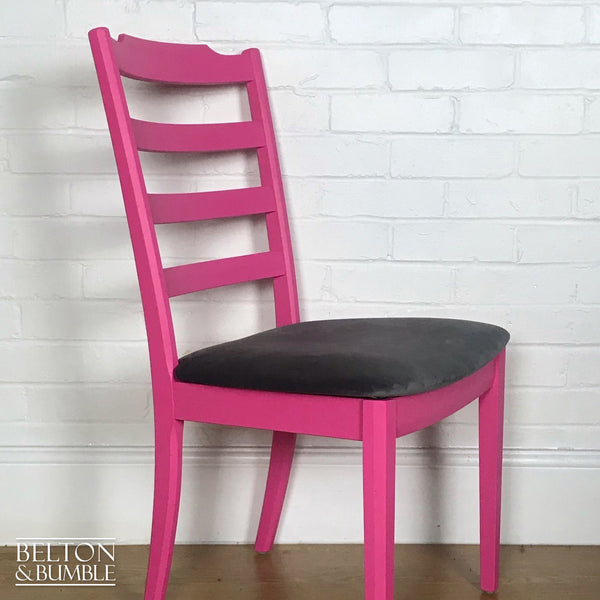 Bright Pink Single G Plan Chair with Grey Velvet Seat – angled view showing proportions and stance