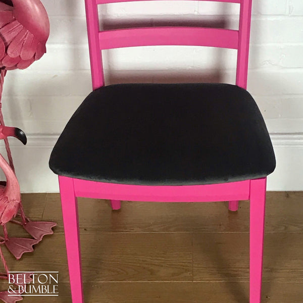 Bright Pink Single G Plan Chair with Grey Velvet Seat – Close-up detail showing pink paint detail and grey velvet seat pad
