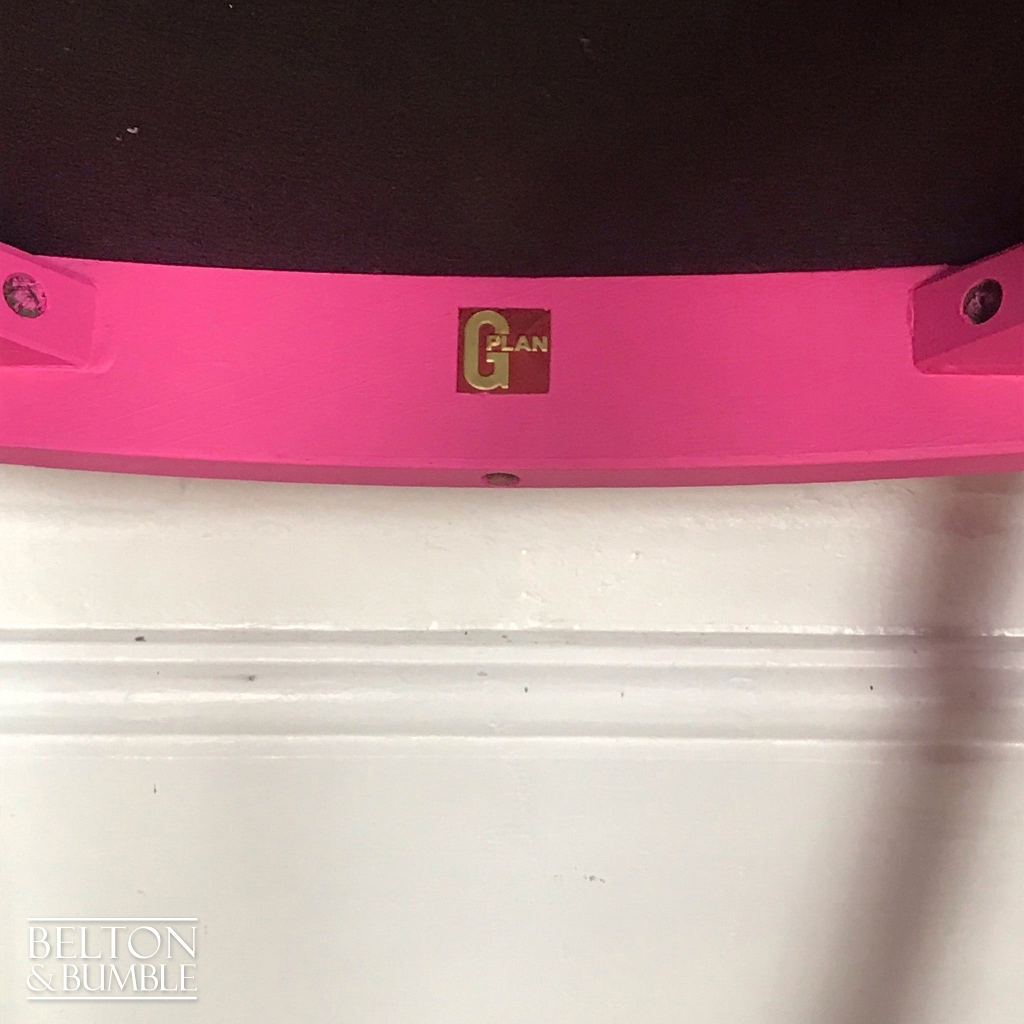 Bright Pink Single G Plan Chair with Grey Velvet Seat – Close-up of G-Plan label detail 